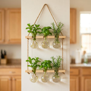 Vase mural deux étages avec vases ampoules et herbes aromatiques dans une cuisine