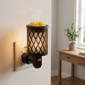 Brûle-parfum électrique branché dans une entrée lumineuse près d'une console en bois