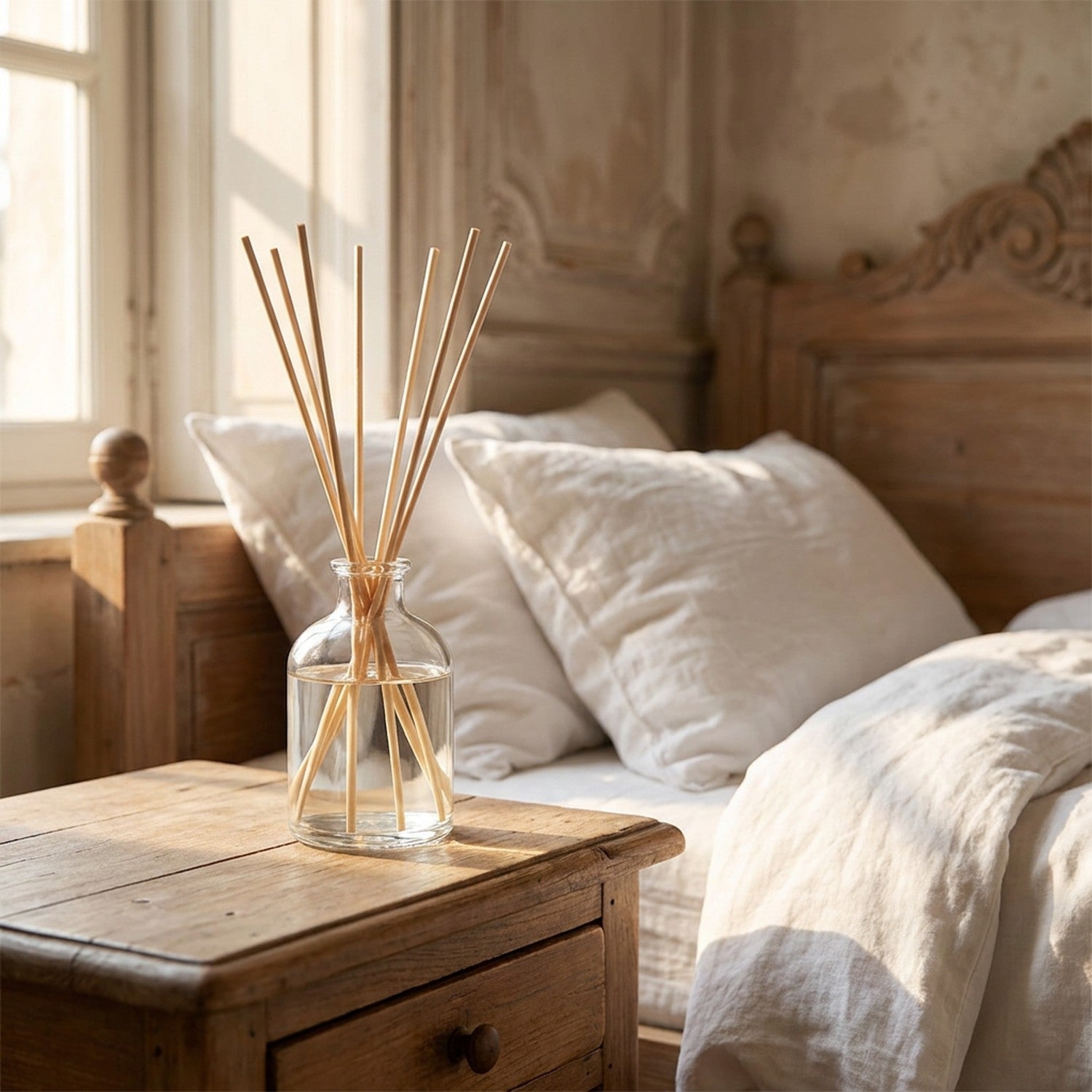 Recharge diffuseur de roseaux sur une table de nuit cosy