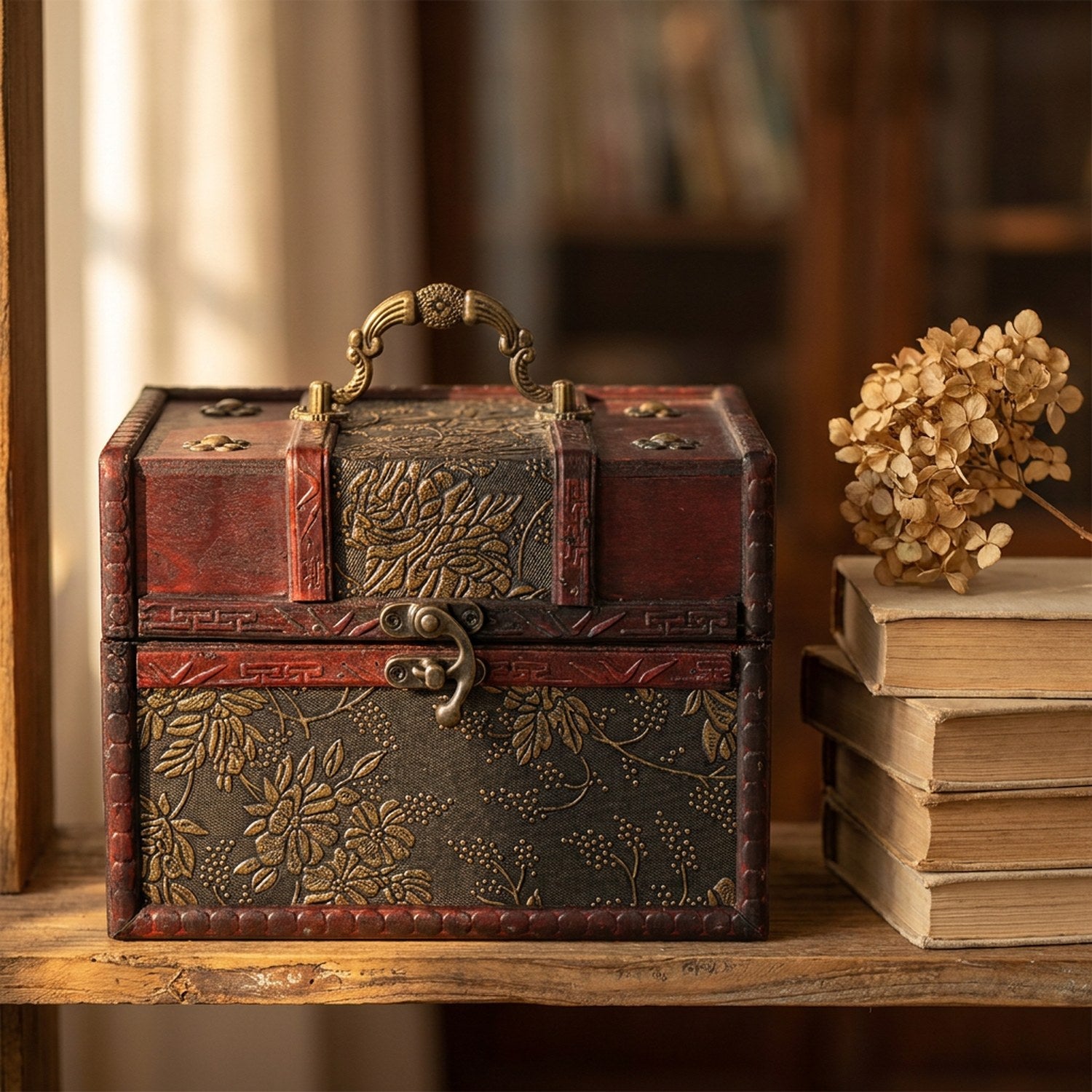 Boîte à bijoux ancienne en bois sur une étagère avec livres et fleur séchée