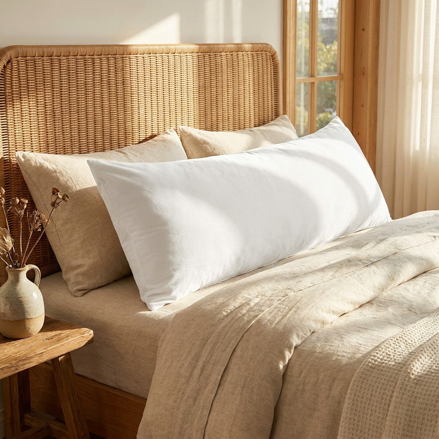 Housse de coussin en velours blanc sur un lit avec tete de lit en rotin