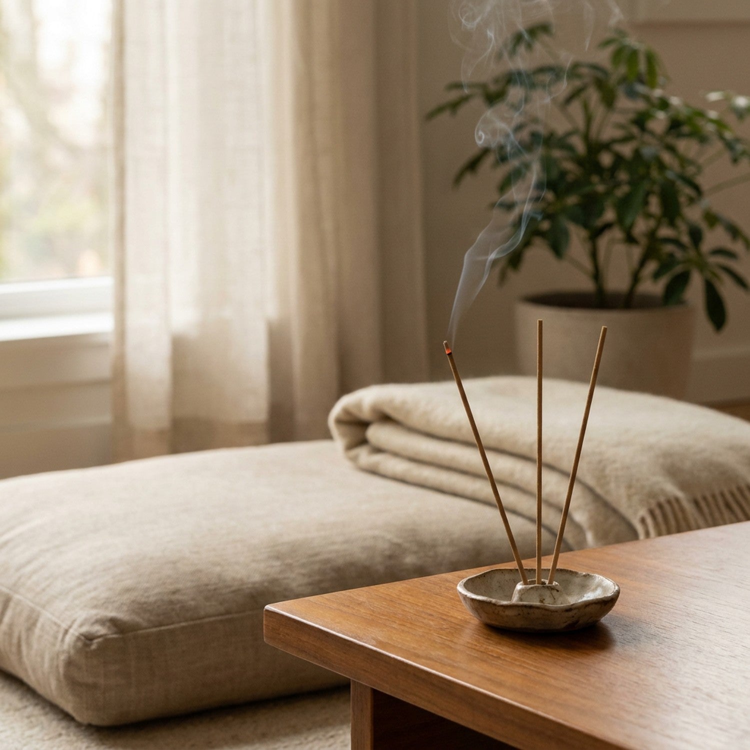 Bâtons d'encens japonais dans un coin méditation avec coussin de sol et plante verte