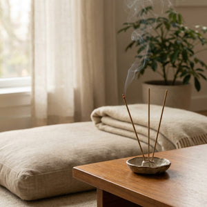 Bâtons d'encens japonais dans un coin méditation avec coussin de sol et plante verte