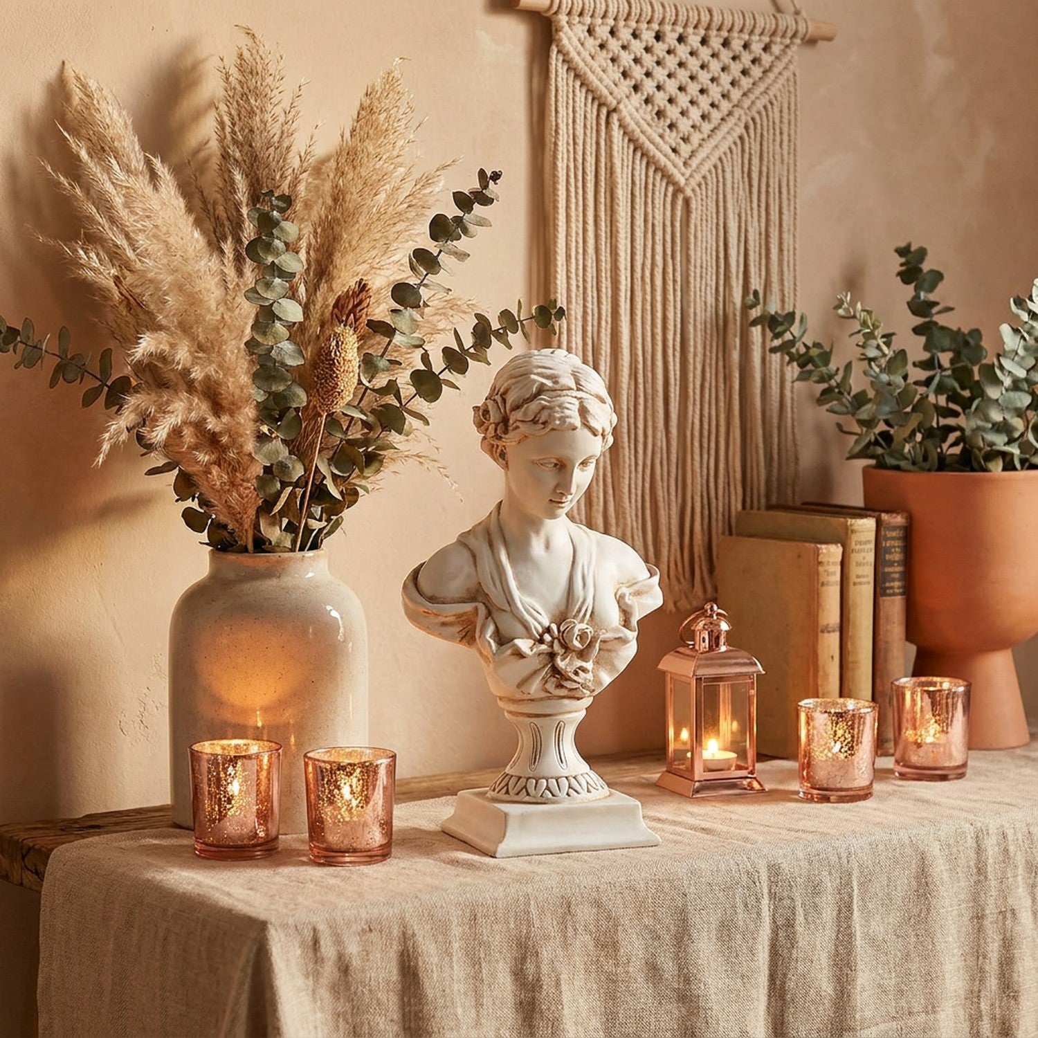 Statue buste antique sur console avec pampa herbe séchée bougies et macramé ambiance bohème