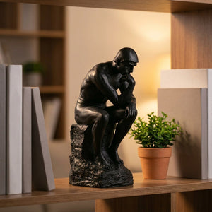 Statue Le Penseur de Rodin noire posée sur une étagère en bois avec une plante