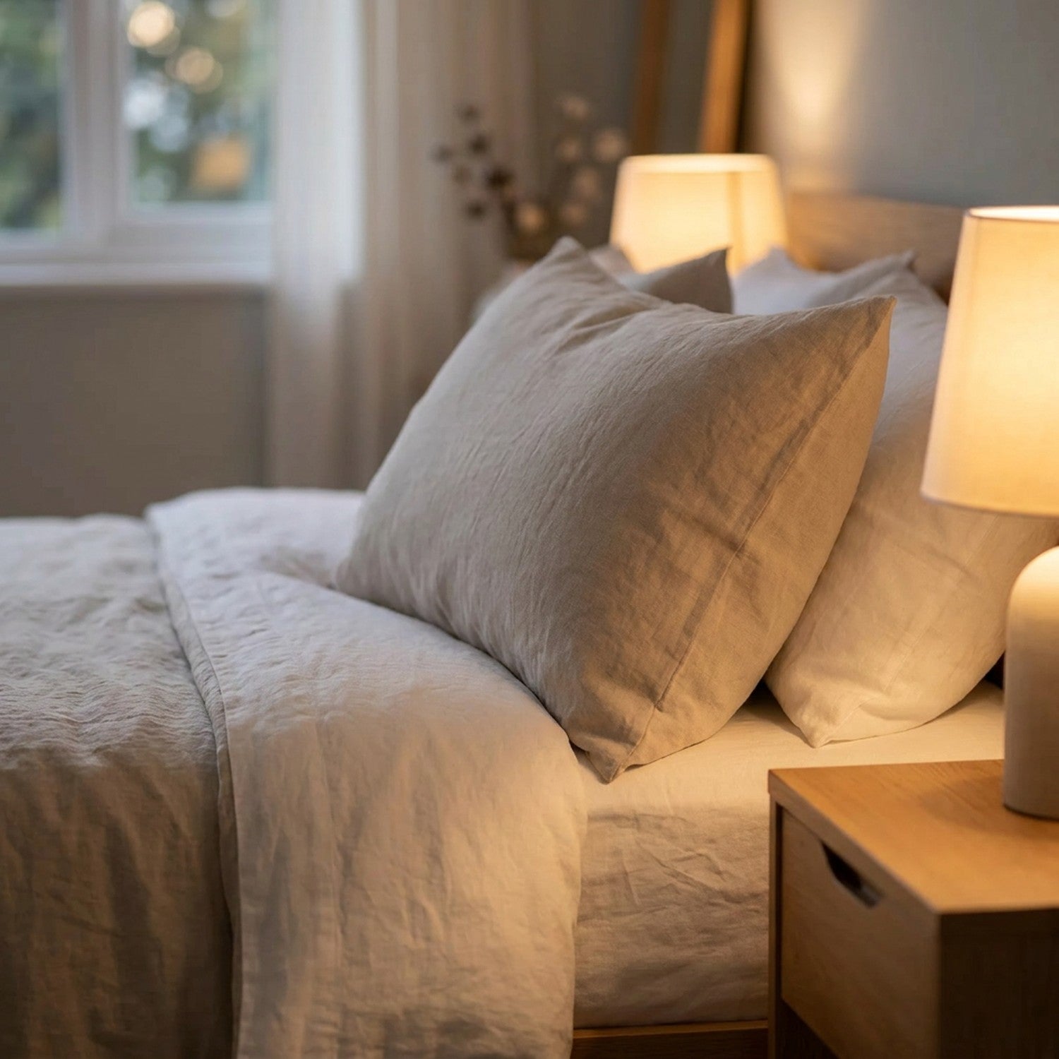Taie d'oreiller en lin posée sur un lit près d'une lampe de chevet chaleureuse