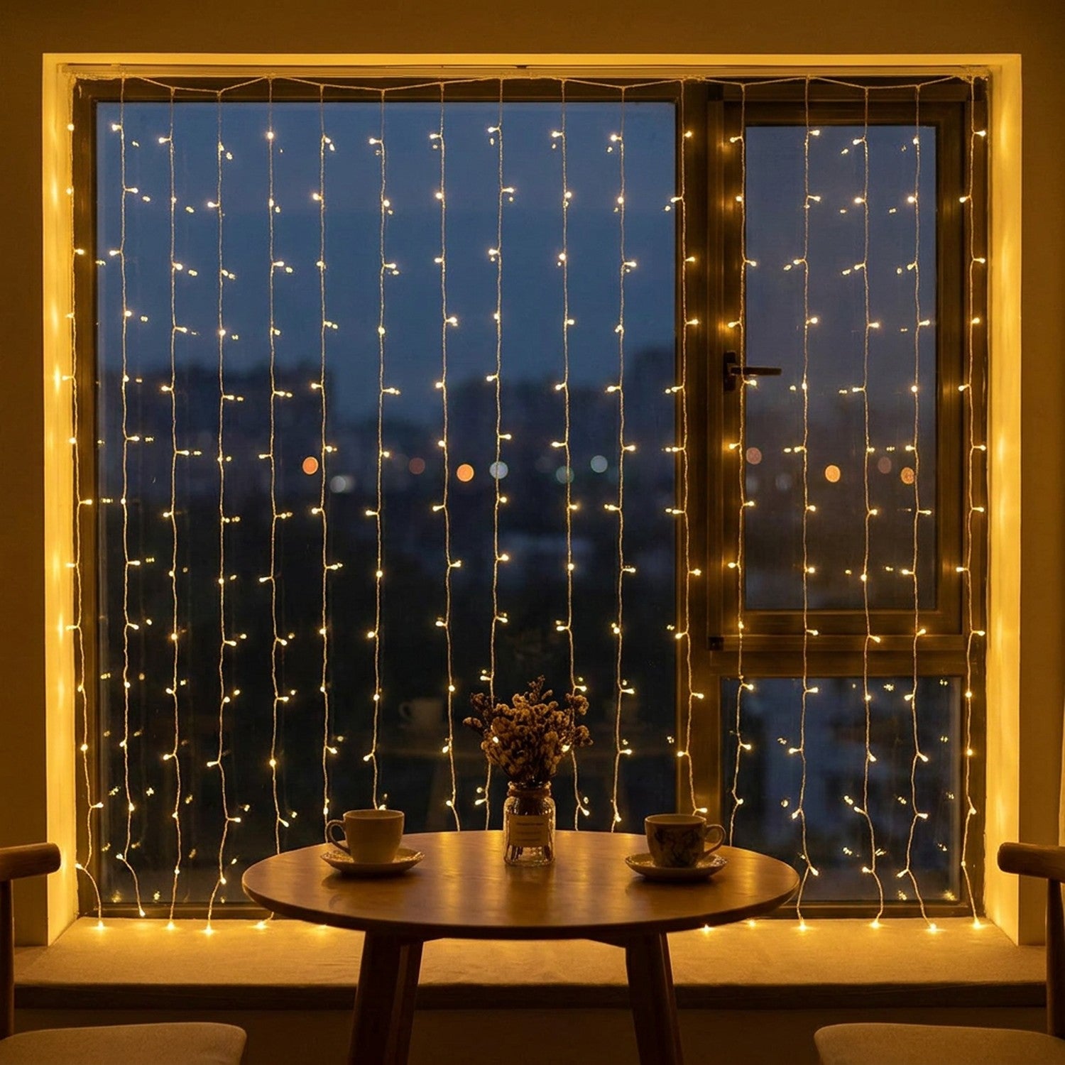 Rideau lumineux LED chaud derrière un coin repas avec table en bois