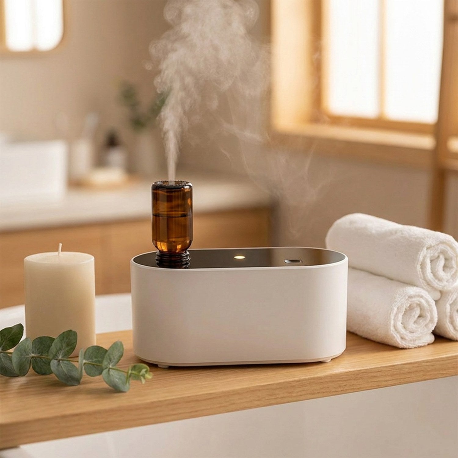 Diffuseur d'huile essentielle blanc sur une étagère de salle de bain avec des serviettes roulées