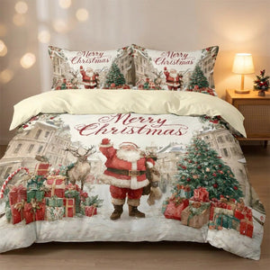 Housse de couette Père Noël dans une chambre moderne avec lampe de chevet allumée
