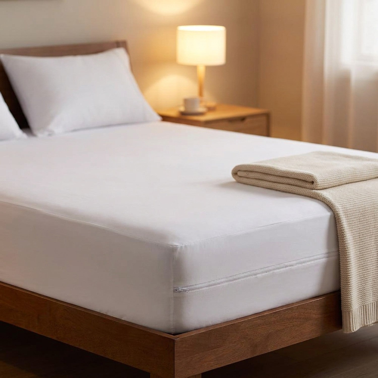 Matelas équipé de son protège-matelas dans une chambre chaleureuse au chevet allumé