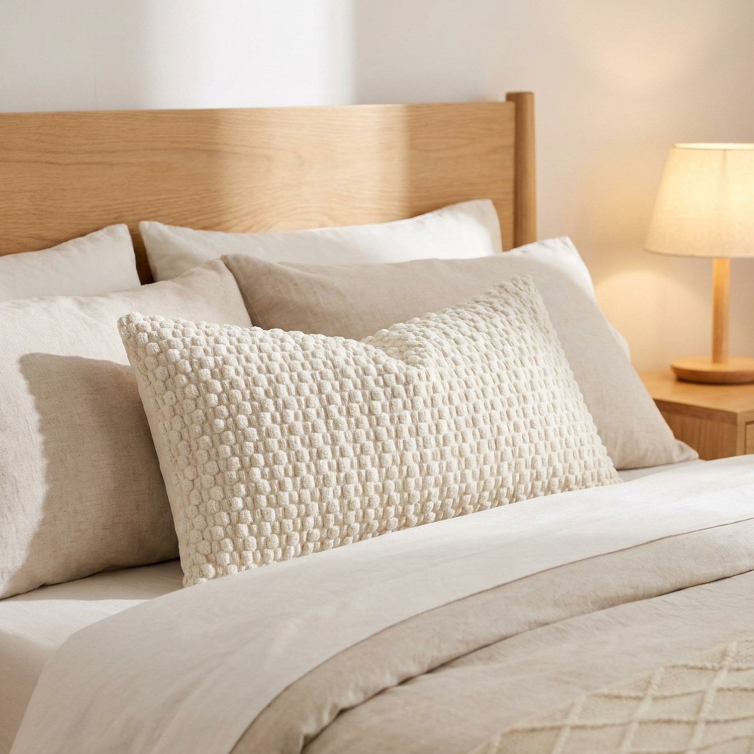housse de coussin en maille texturée écru posée sur un lit avec lampe de chevet