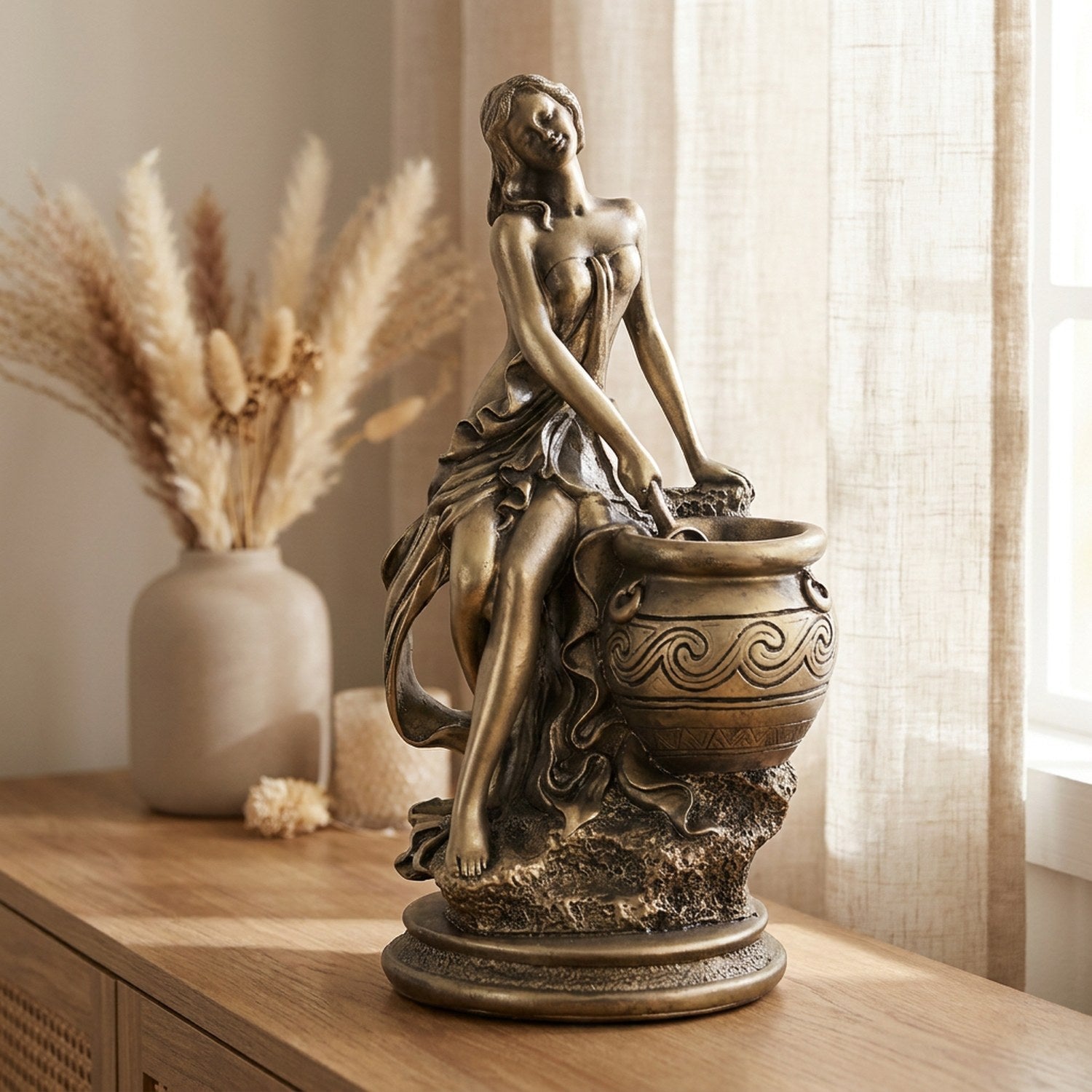 Statue de déesse grecque effet bronze sur une console près d'une fenêtre lumineuse