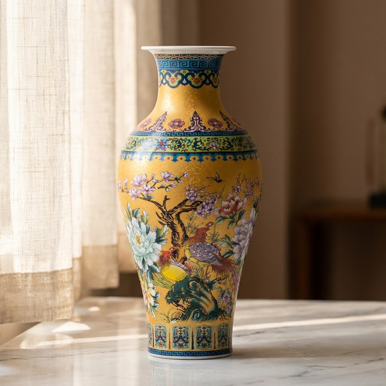 Détail des motifs émaillés de fleurs et d'oiseaux dorés sur le vase chinois
