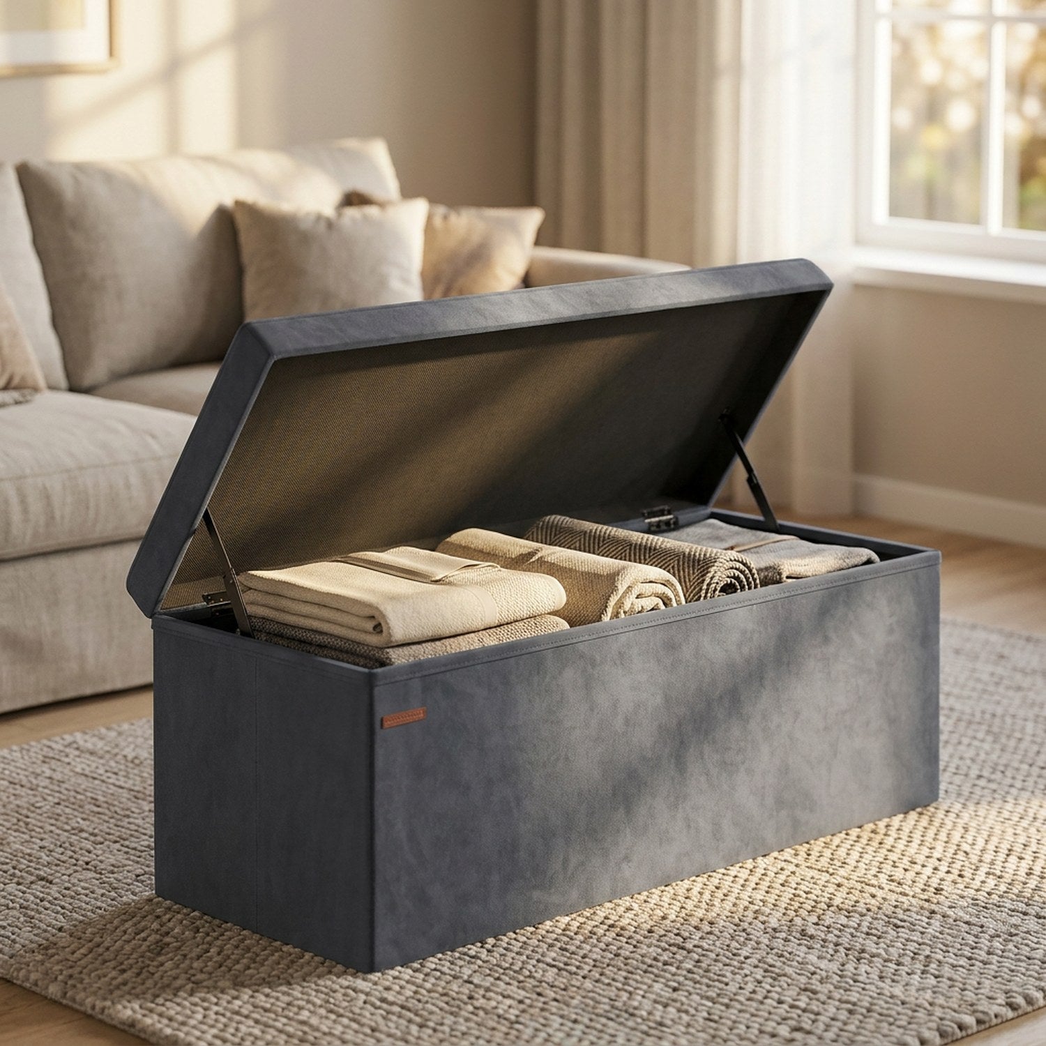 Banc coffre en velours gris ouvert montrant le rangement intérieur avec couvertures
