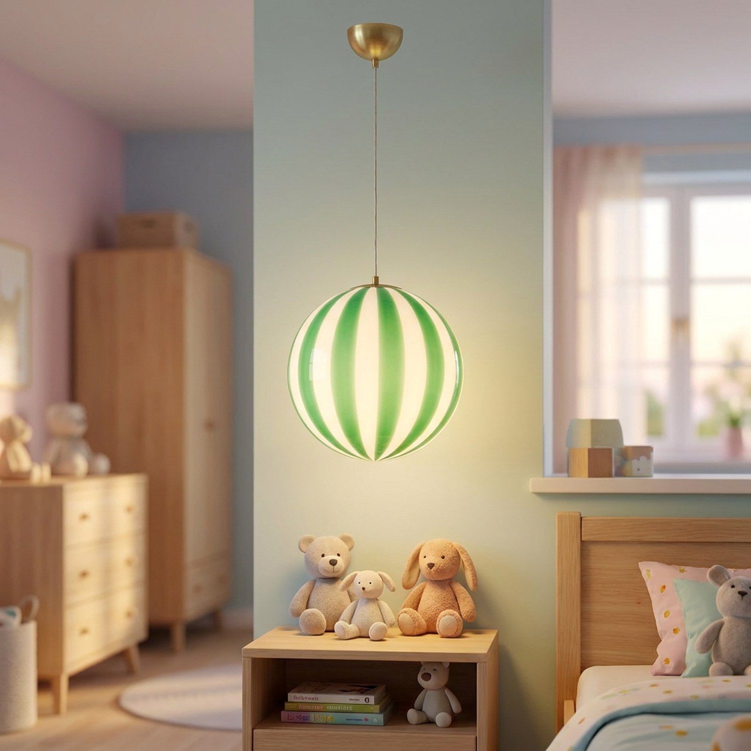 Suspension boule rayée verte dans une chambre d'enfant pastel