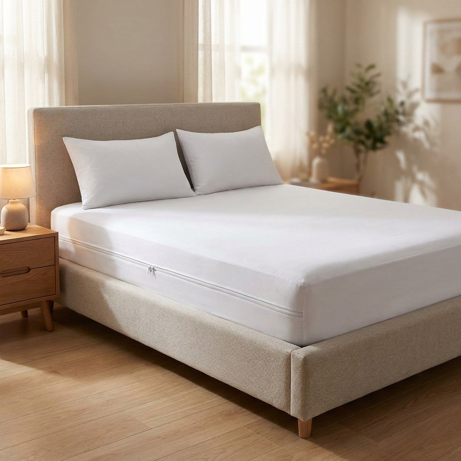 Protège-matelas imperméable blanc posé sur un lit dans une chambre cosy