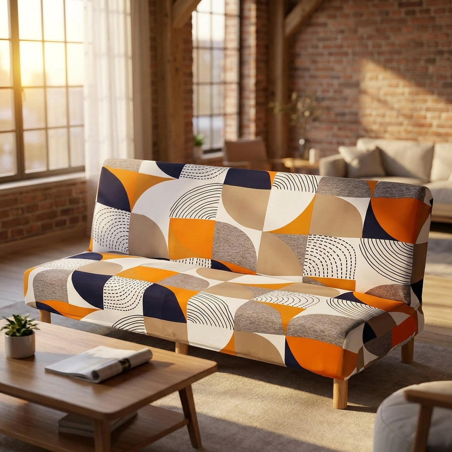 Housse de canapé-lit imprimé géométrique orange dans un loft lumineux avec table basse en bois
