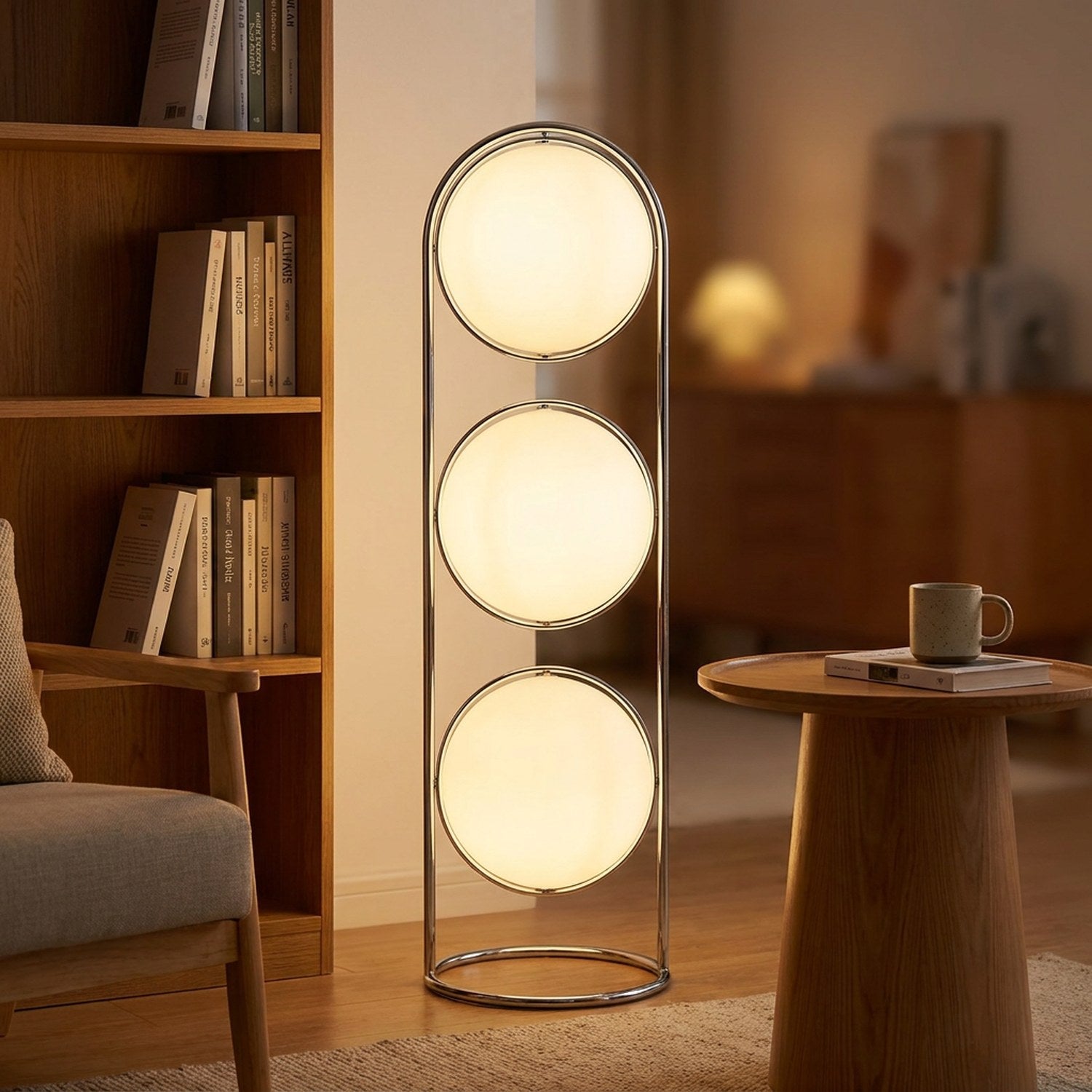Lampadaire trois boules opalines dans un coin lecture avec bibliothèque