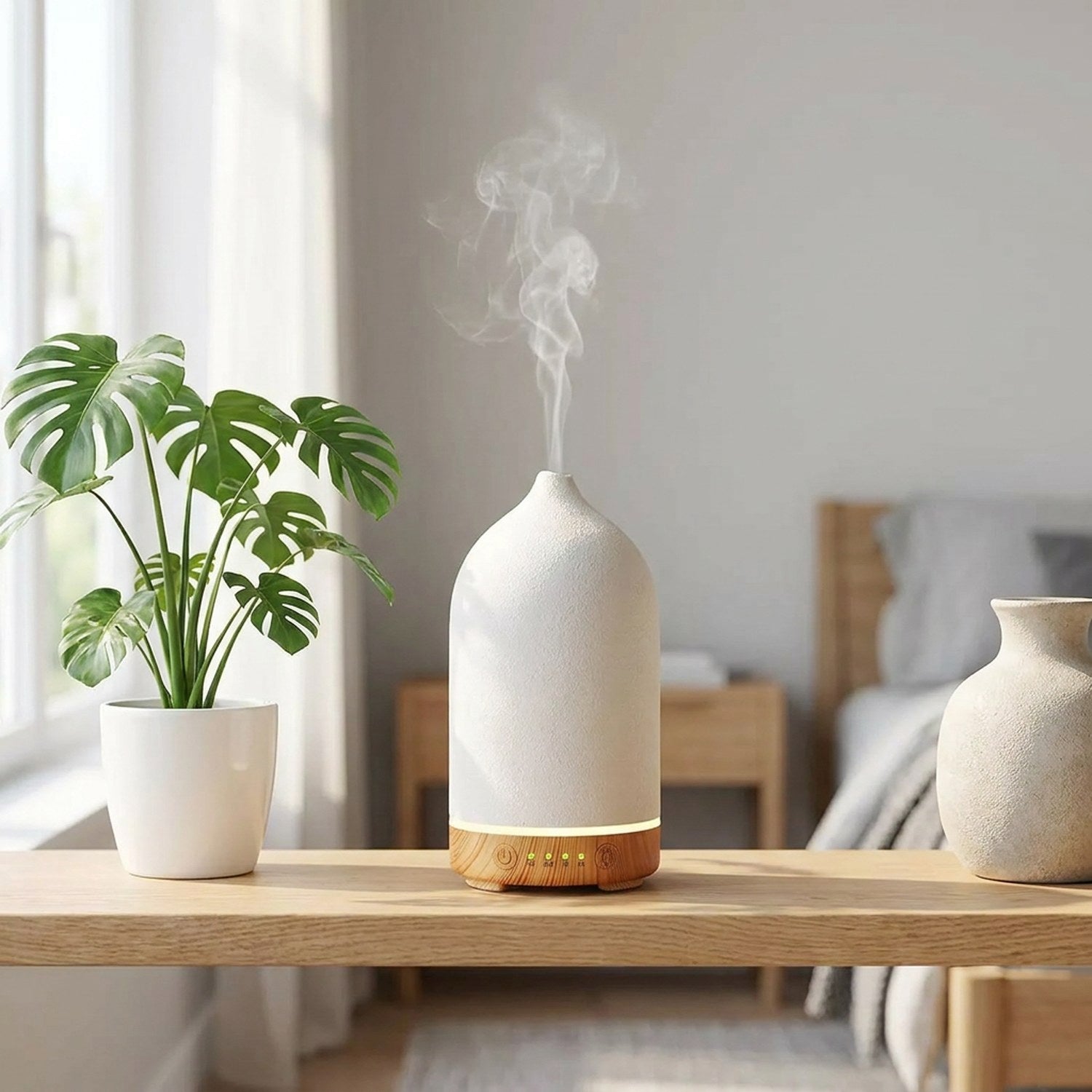 Diffuseur en céramique sur une étagère lumineuse avec une plante verte