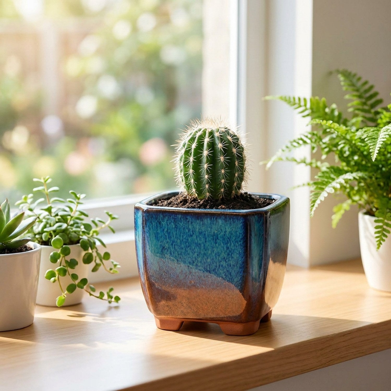 Pot à succulentes bleu avec un cactus sur un rebord de fenêtre lumineux
