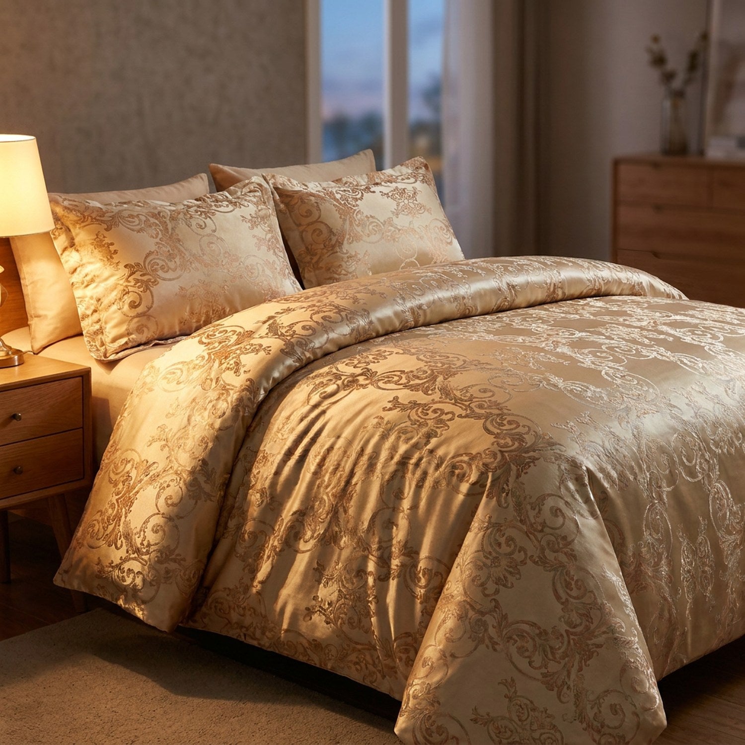 Parure de lit dorée sur un lit dans une chambre moderne avec lampe de chevet allumée