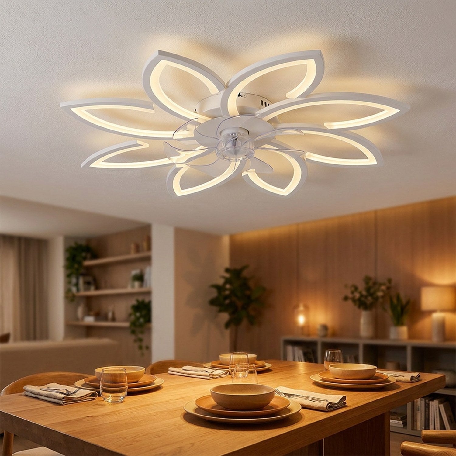 Plafonnier ventilateur LED fleur éclairant une salle à manger conviviale