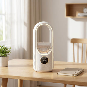 Ventilateur humidificateur blanc sur un bureau lumineux avec plante