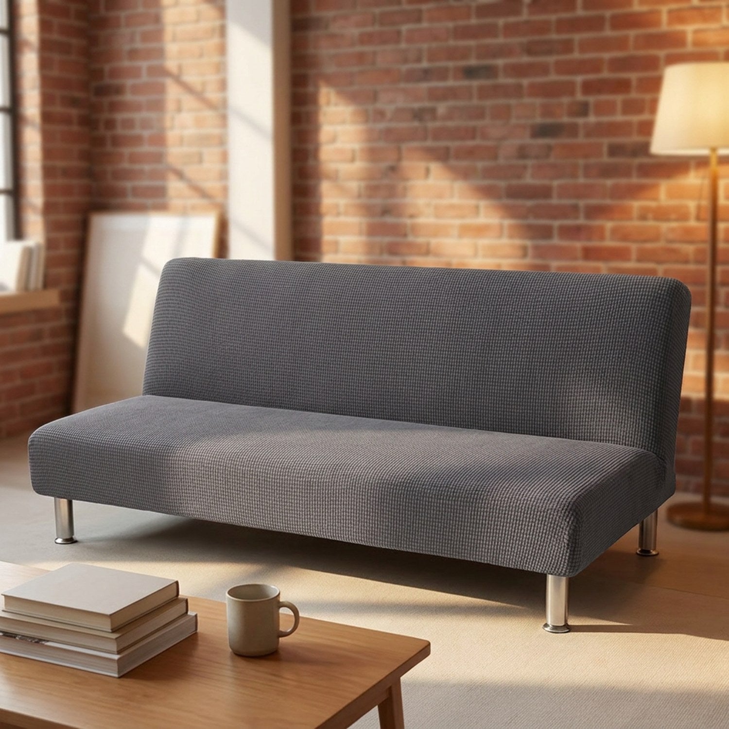 Housse de canapé-lit futon grise dans un loft lumineux avec mur de brique