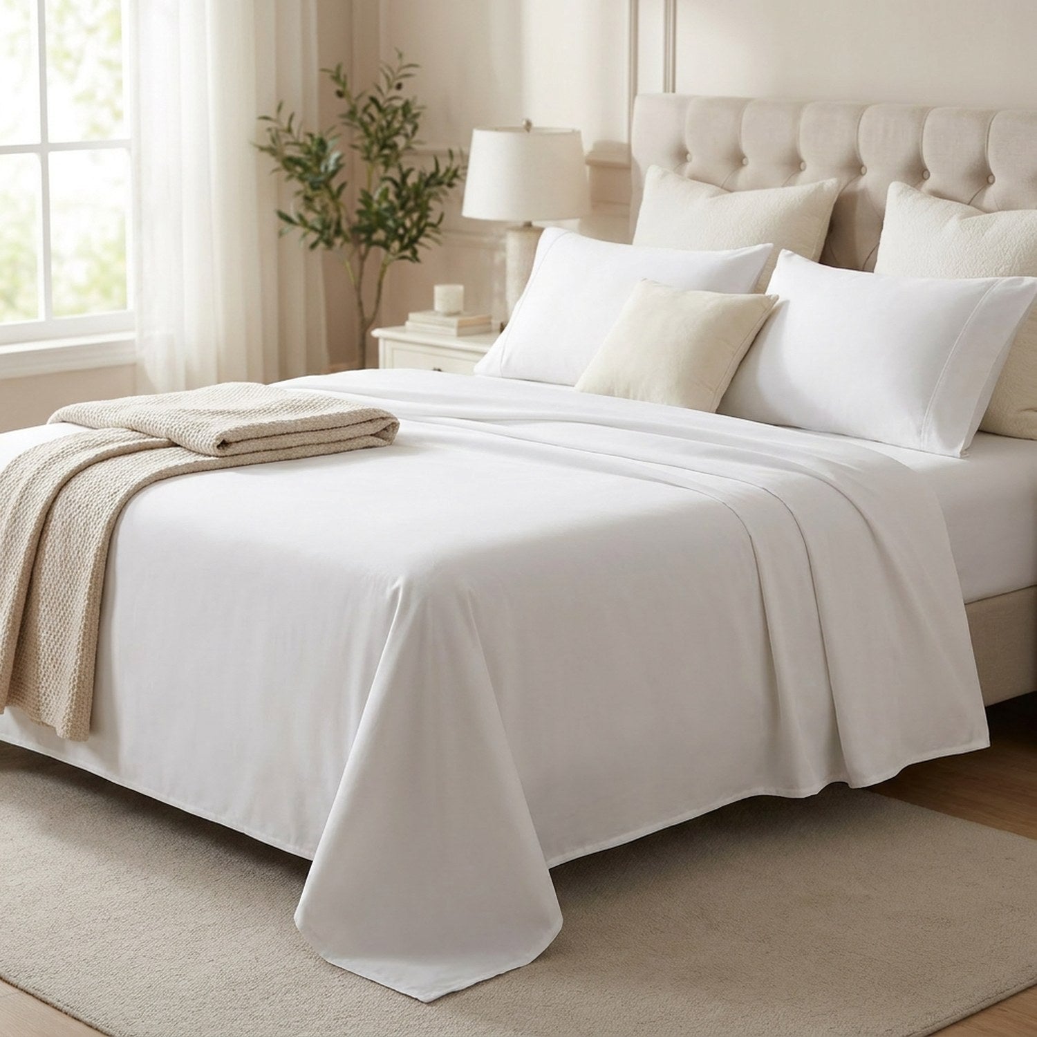 Drap plat blanc sur un lit avec jeté replié dans une chambre élégante