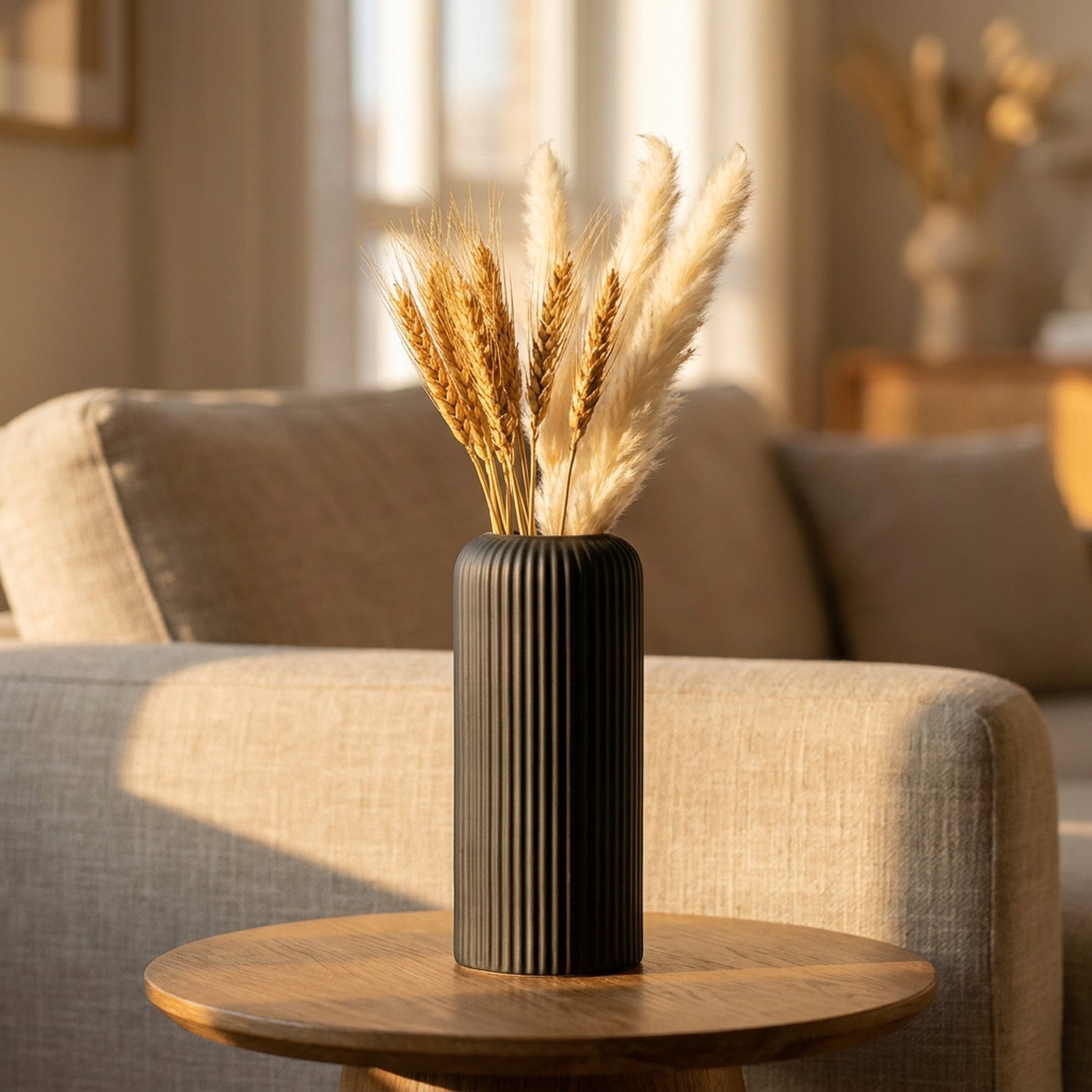 Vase noir à rainures avec pampa et blé séché sur une table d'appoint