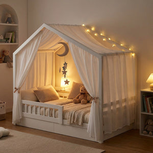 Intérieur du lit cabane le soir avec guirlande lumineuse et veilleuse lune