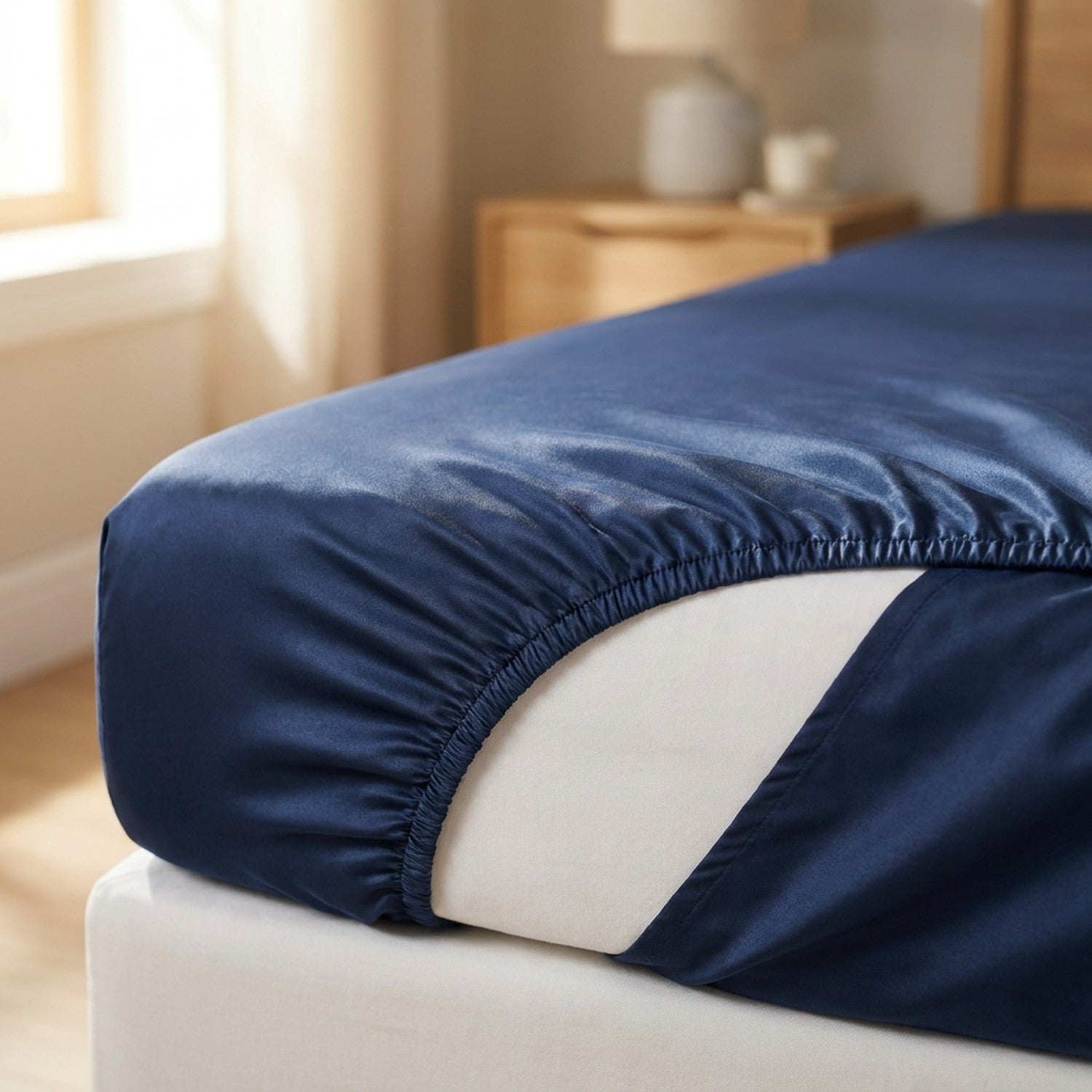 gros plan sur la bande élastique du drap-housse bleu marine qui épouse le coin du matelas