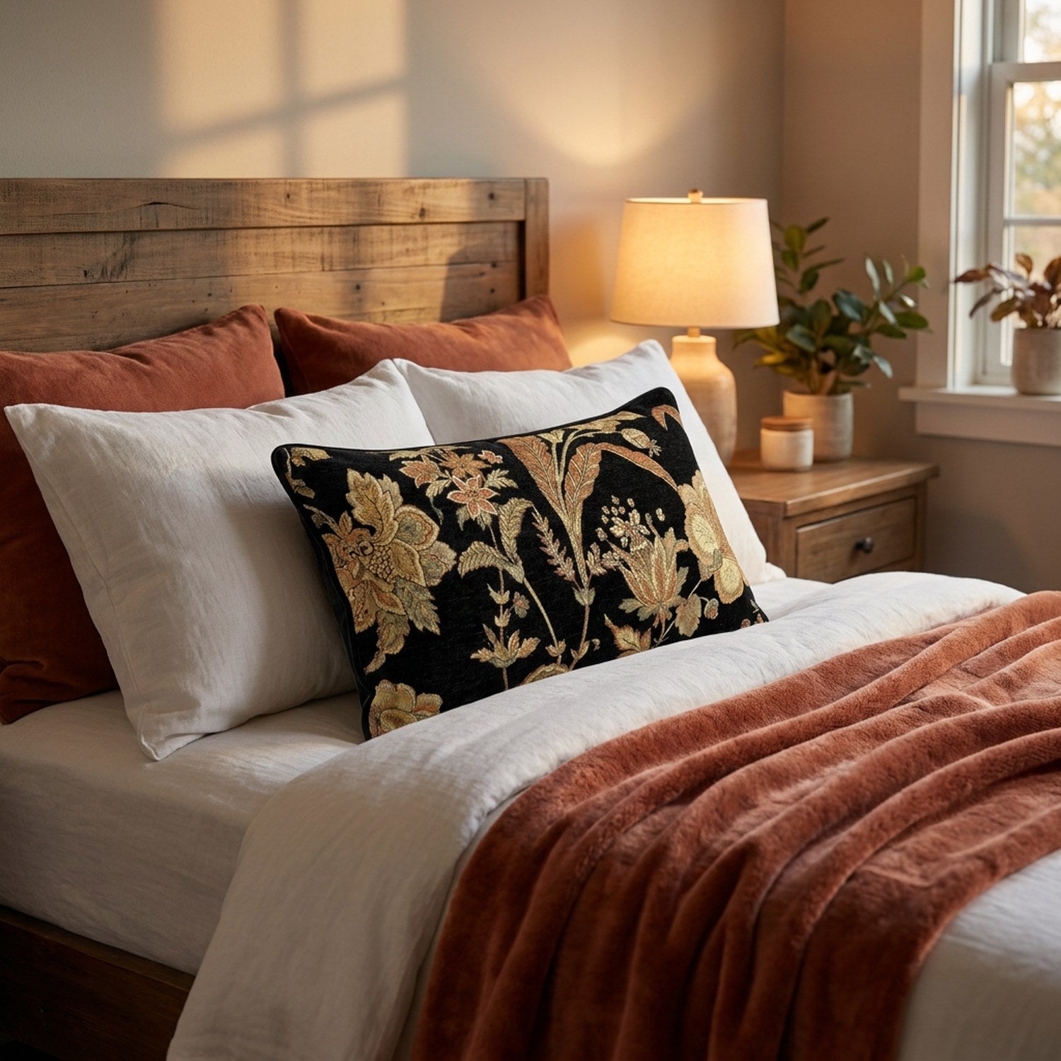 Coussin lombaire a motif floral pose contre des oreillers sur un lit fait