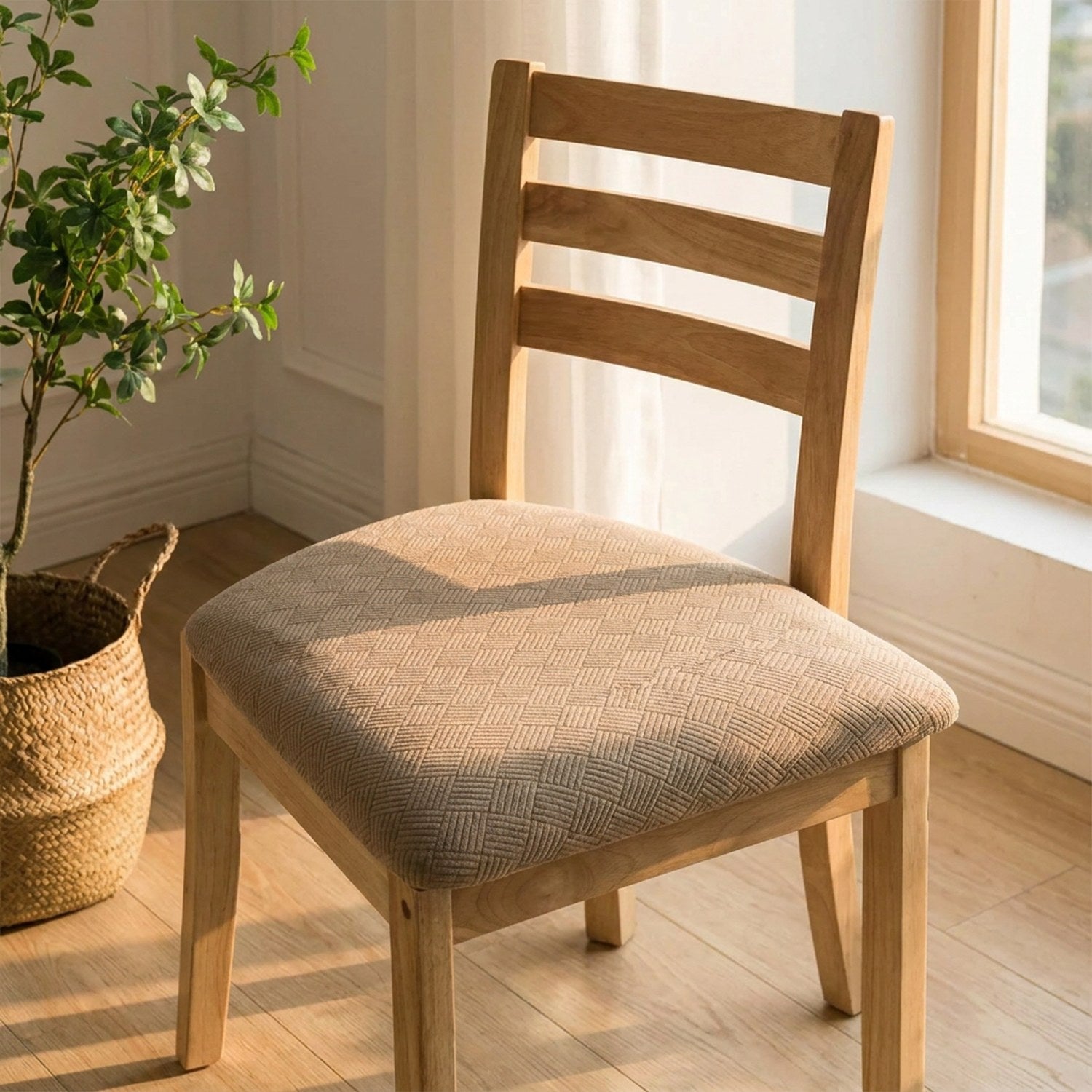 Housse de siège de chaise beige sur une chaise en bois près d'une fenêtre avec une plante
