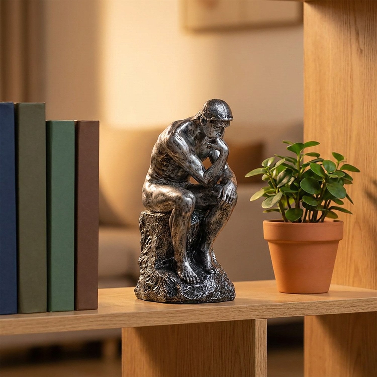 Statue Le Penseur de Rodin argentée posée sur une étagère avec une plante verte