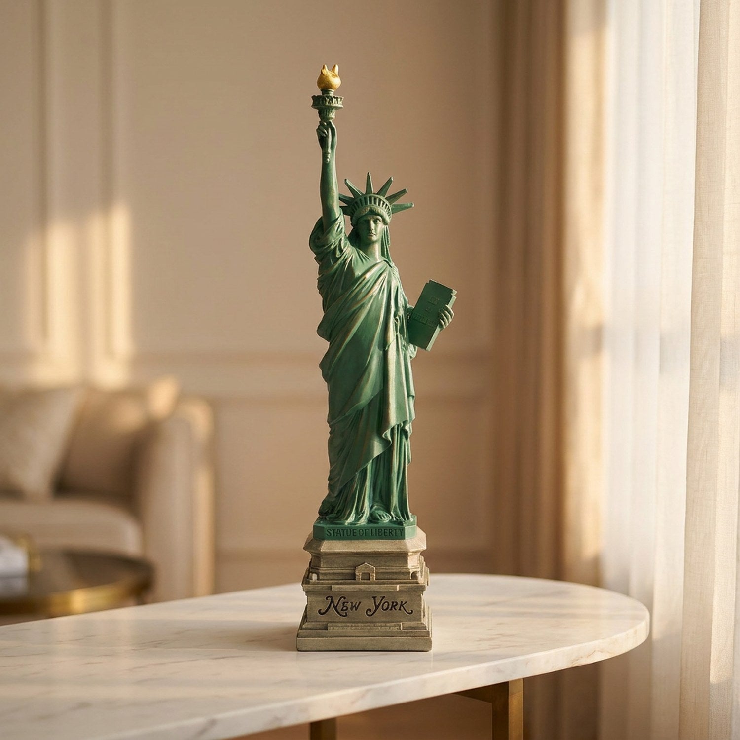 Statue de la Liberté verte sur une console en marbre près d'une fenêtre
