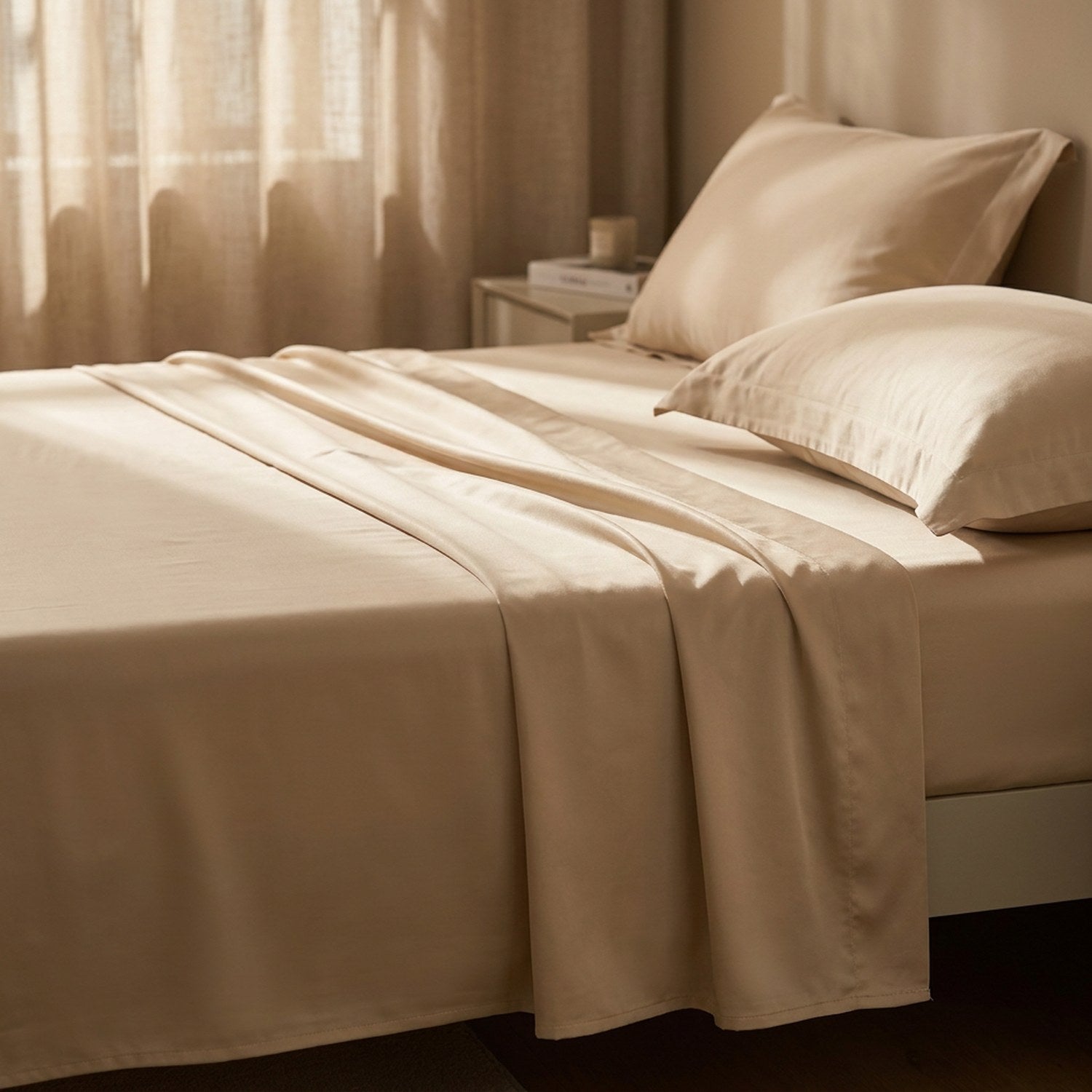 Gros plan sur le tissu satiné plissé du drap plat coton égyptien beige