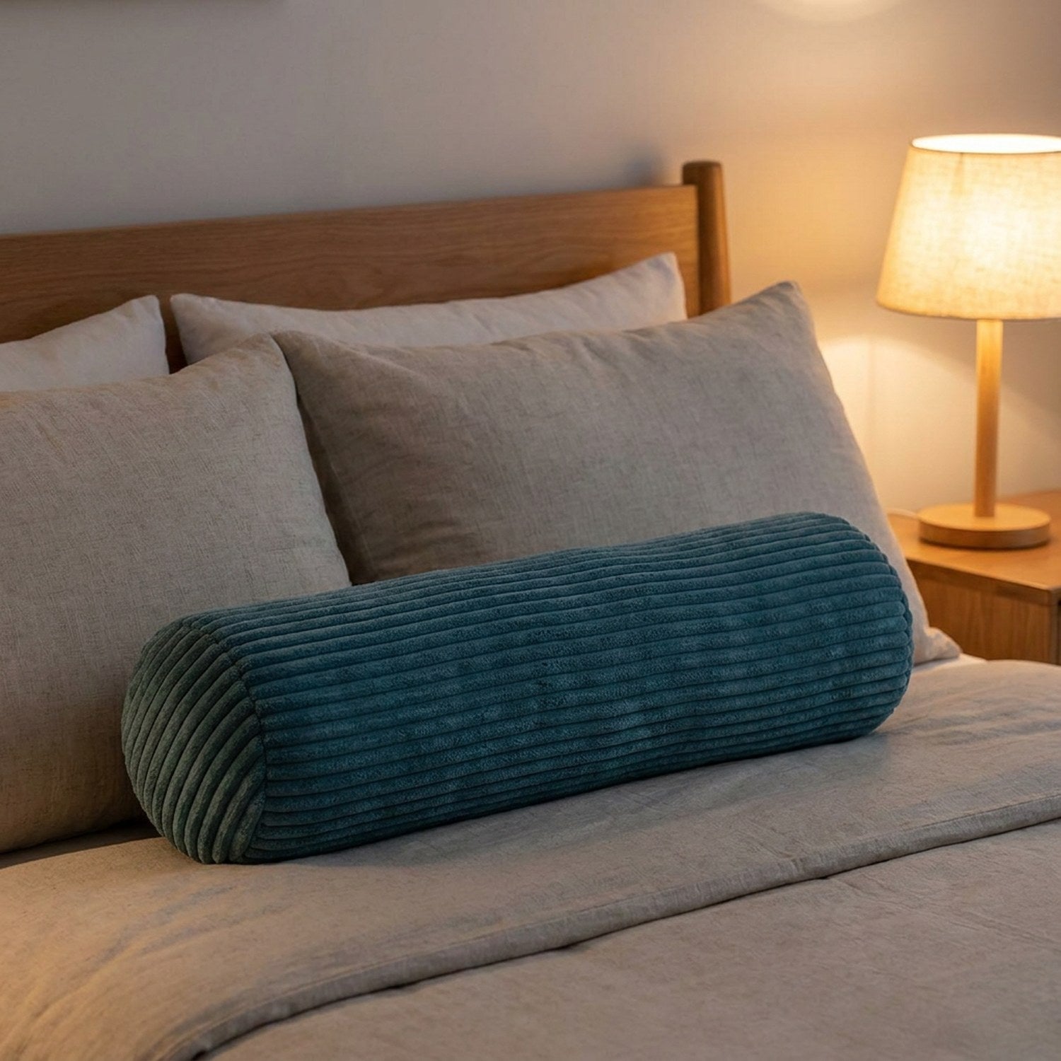 Traversin en velours côtelé bleu foncé posé sur un lit devant les oreillers avec une lampe de chevet allumée