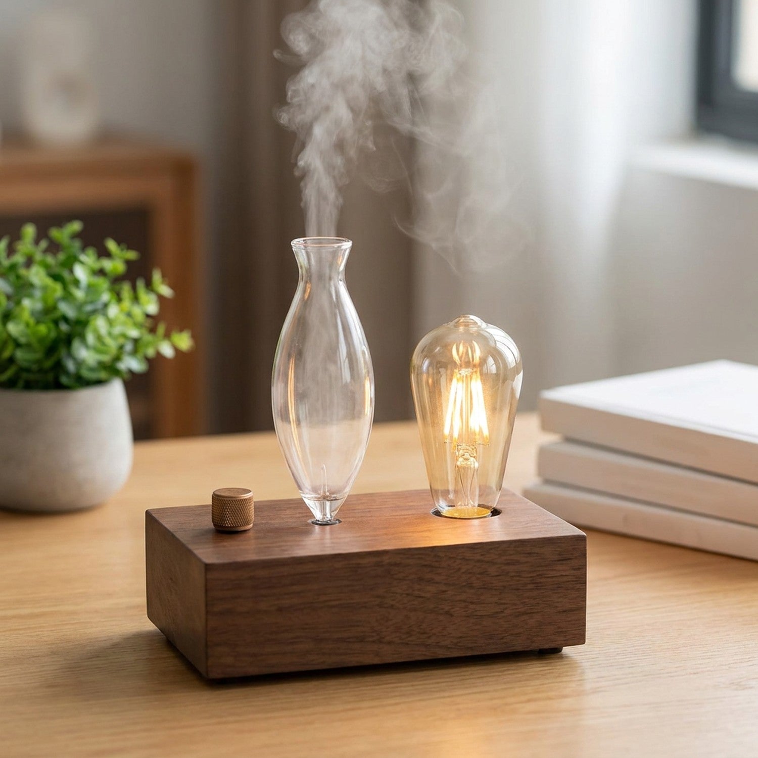 Diffuseur d'huile essentielle en bois et verre sur un bureau avec une plante verte