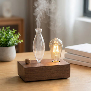 Diffuseur d'huile essentielle en bois et verre sur un bureau avec une plante verte