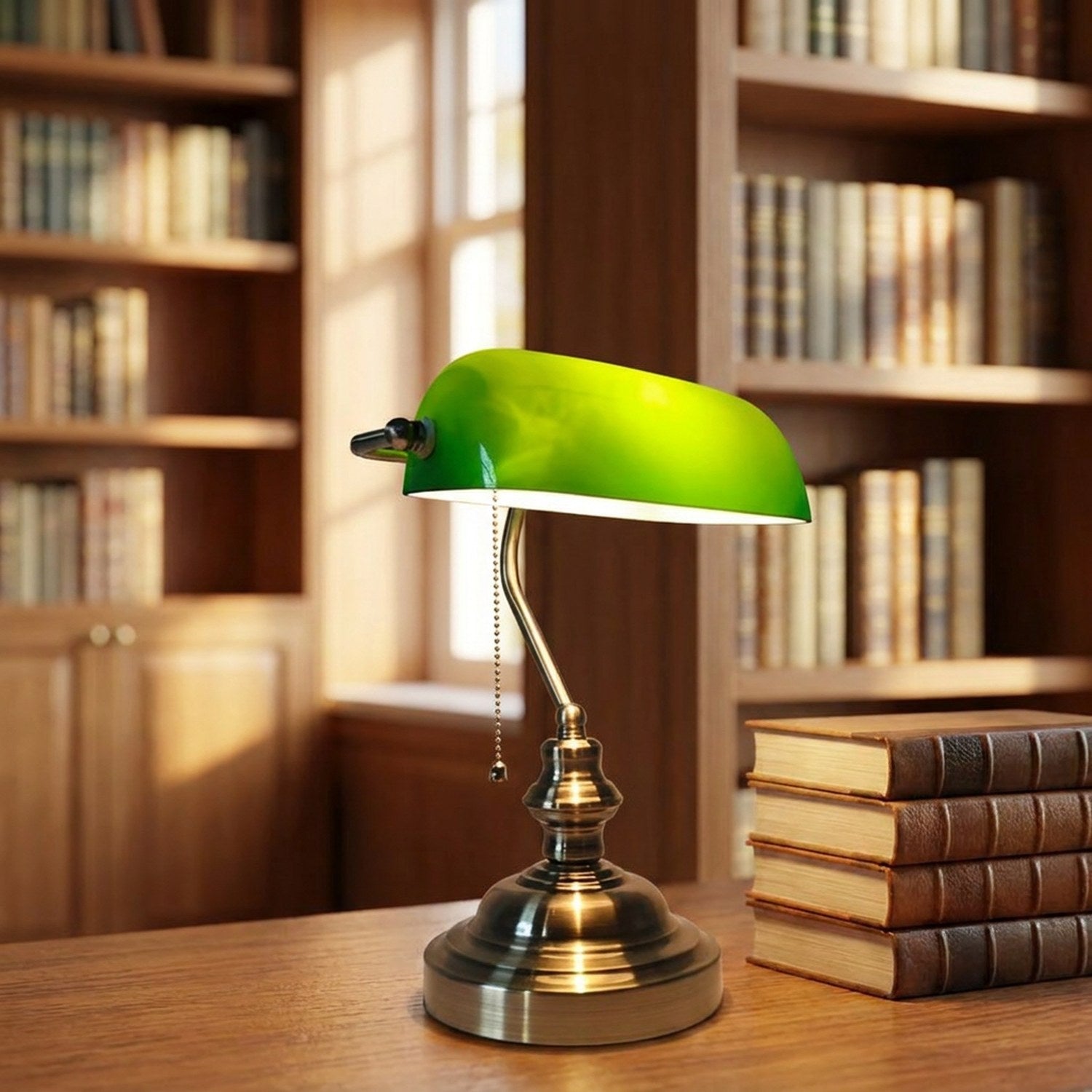 Lampe de bureau verte posée sur une table de bibliothèque près d'une pile de livres