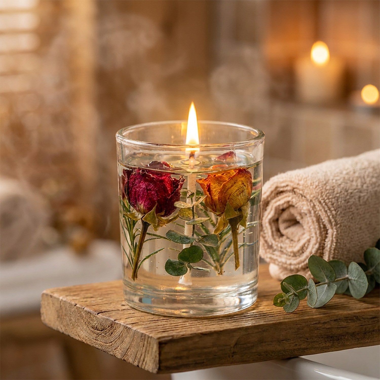 Bougie parfumée allumée sur une étagère de salle de bain avec serviette et eucalyptus