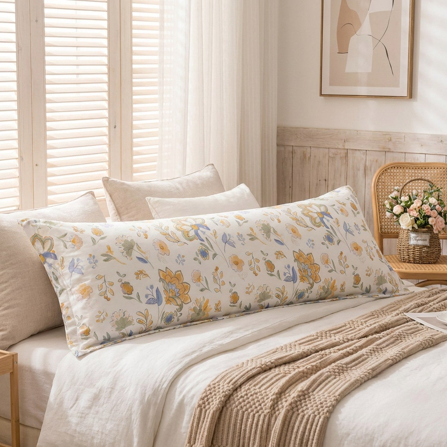 Taie d'oreiller longue fleurie dans une chambre champêtre avec fauteuil en rotin