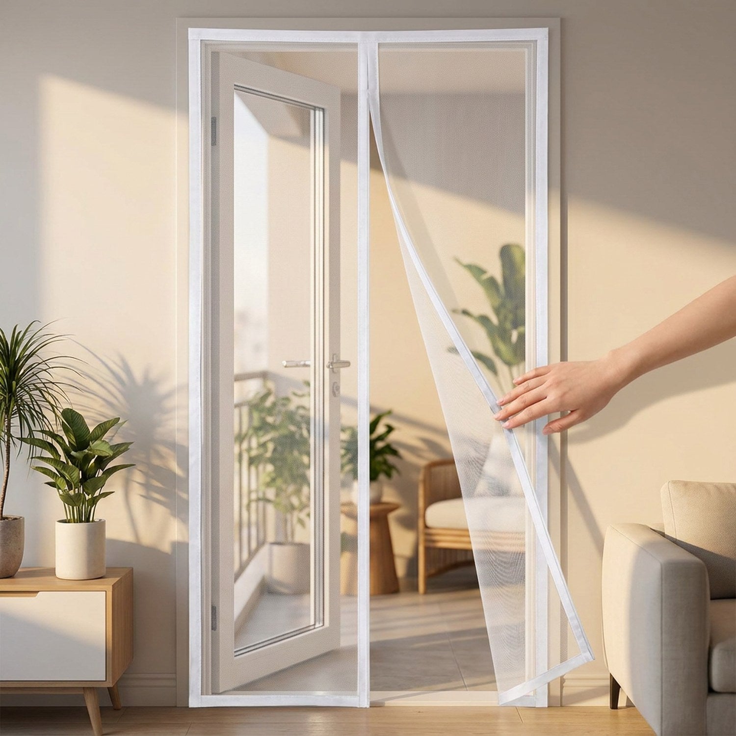 Main soulevant le bord aimanté d'une moustiquaire blanche sur une porte vitrée
