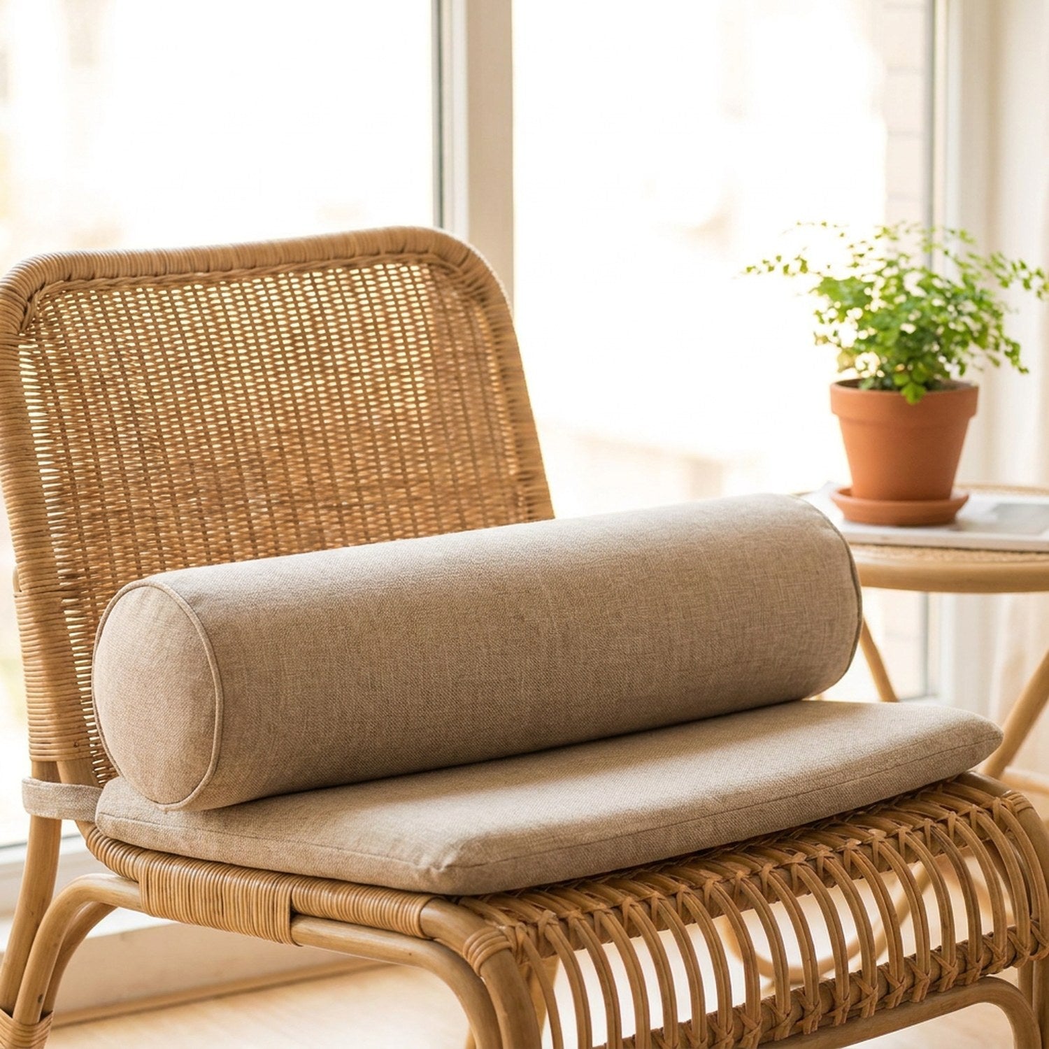 Housse de traversin cylindrique beige sur un fauteuil en rotin près d'une fenêtre