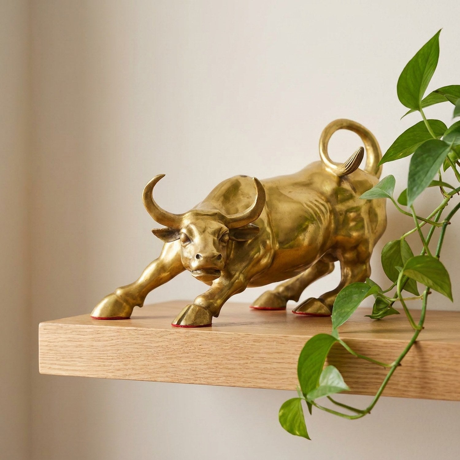 Statue taureau doré sur une étagère murale en chêne avec une plante verte