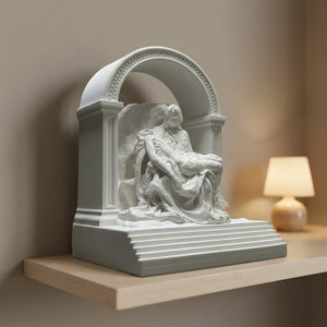 Statue de La Pietà sur une étagère murale près d'une lampe douce