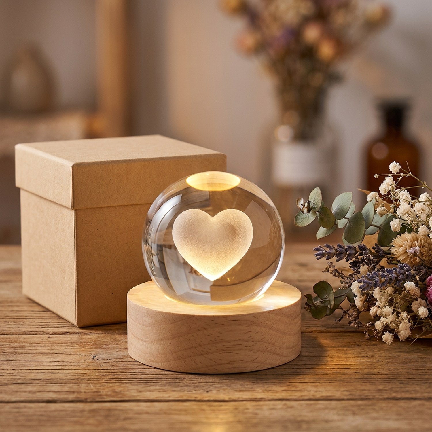 Boule de cristal gravée d'un cœur à côté d'un coffret cadeau et de fleurs séchées