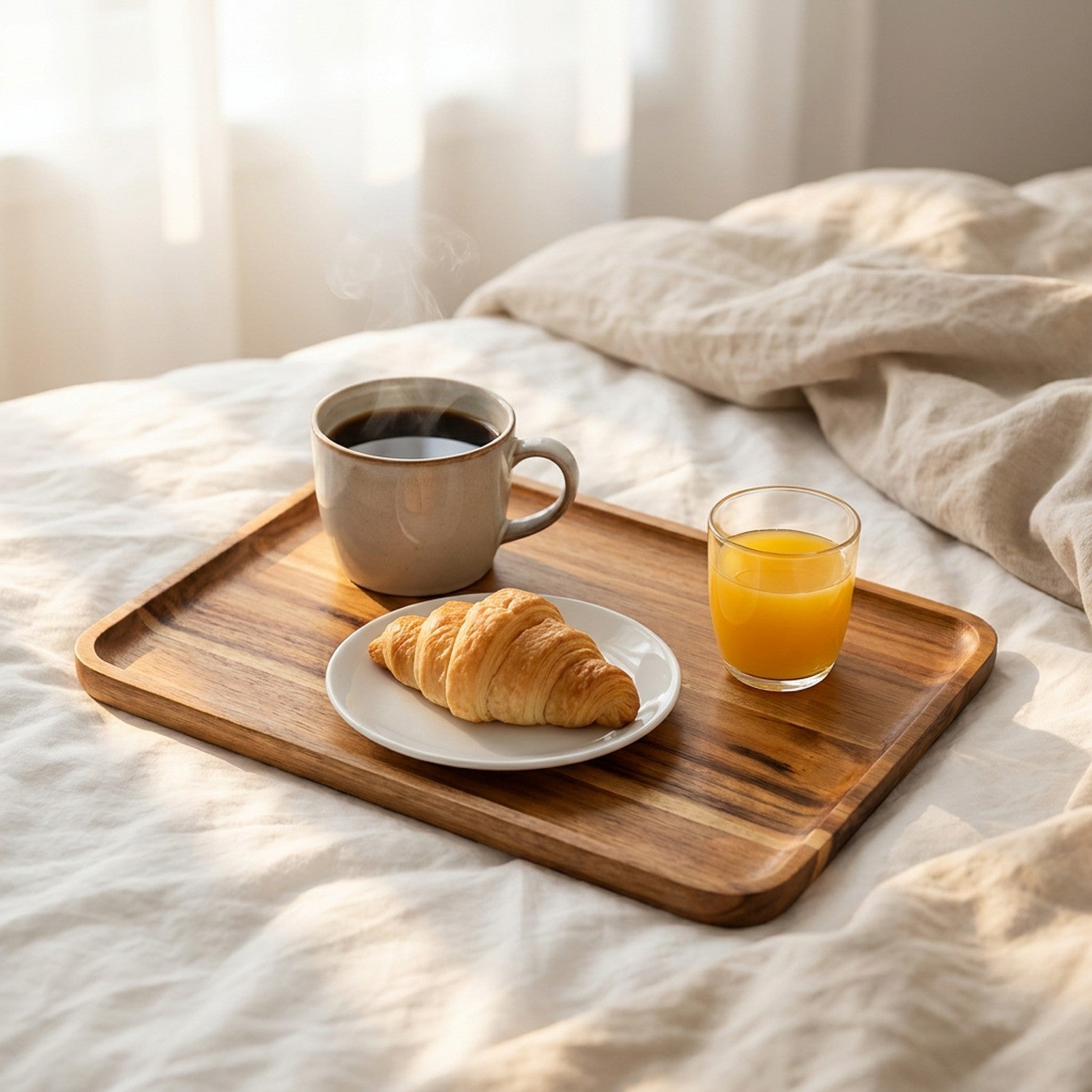 Plateau en bois d'acacia servant un petit déjeuner au lit avec café croissant et jus d'orange