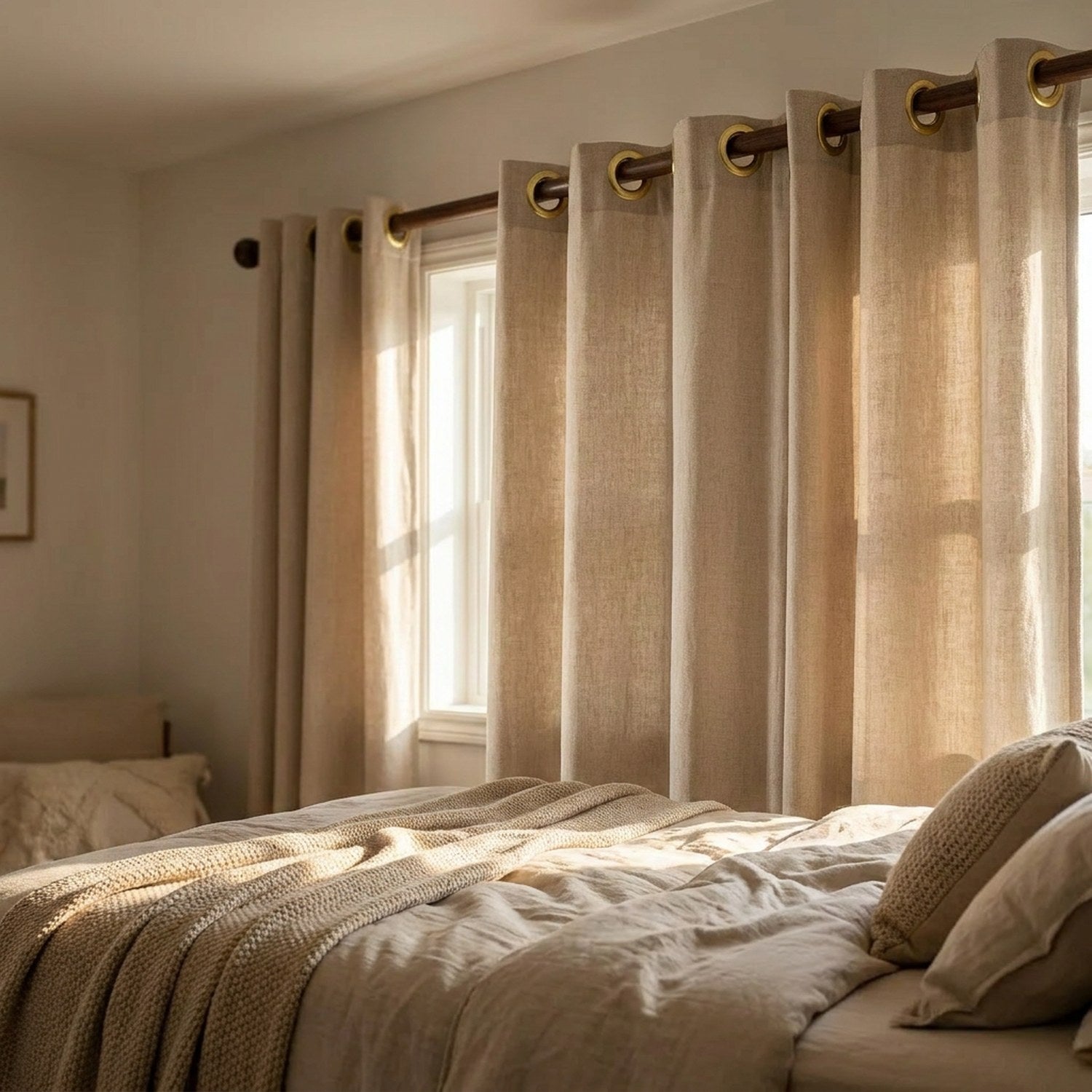 Rideaux à œillets tombant en plis réguliers devant une fenêtre de chambre